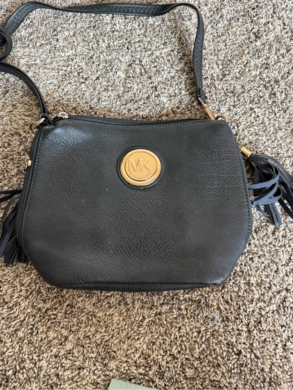 Michael Kors Black Leather Crossbody with Gold MK Medallion